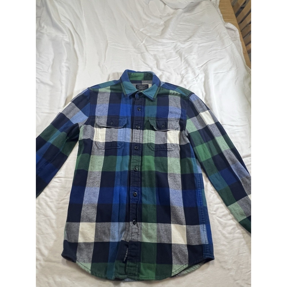 American Eagle 100% Cotton Flannel Shirt Unisex XS Blue Green Long Sleeve